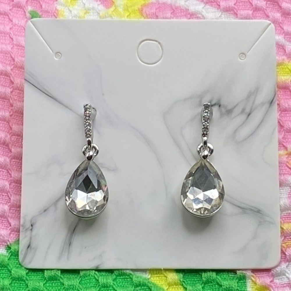 Tear Drop Earrings Rhinestones Silver Color Metal Dangle Post Earrings
